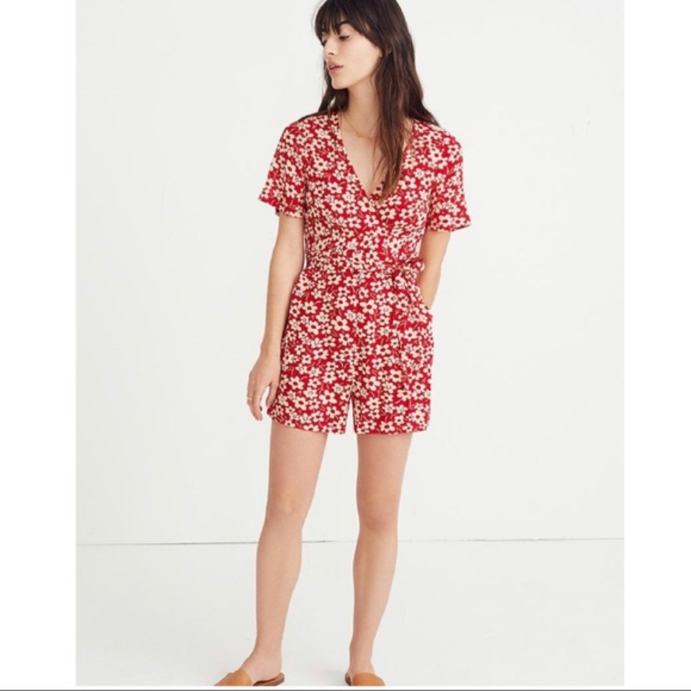 Madewell red and white floral tie romper